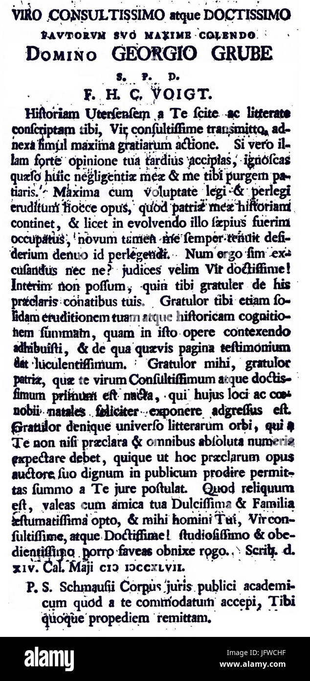 Breve von Friedrich Heinrich Voigt un Jürgen (Georg) Grube (Lateinisch) Foto Stock