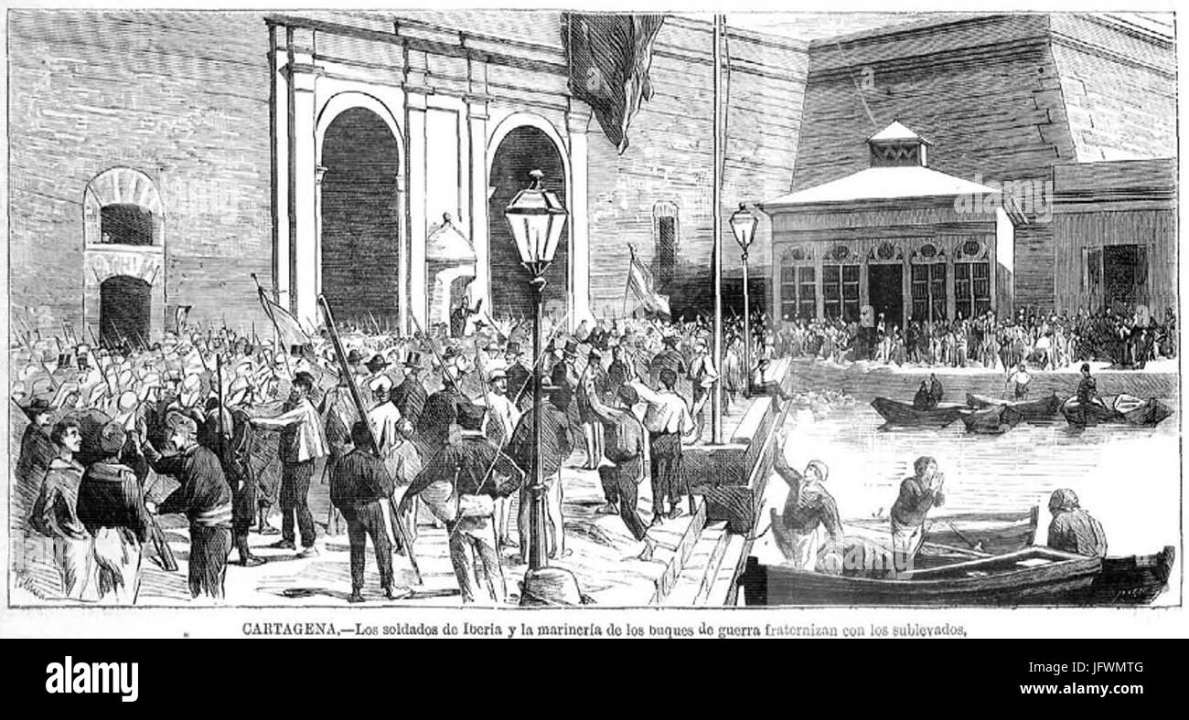 Cartagena, Los soldados de Iberia y la marinería de los Buques de guerra fraternizan con los sublevados Foto Stock