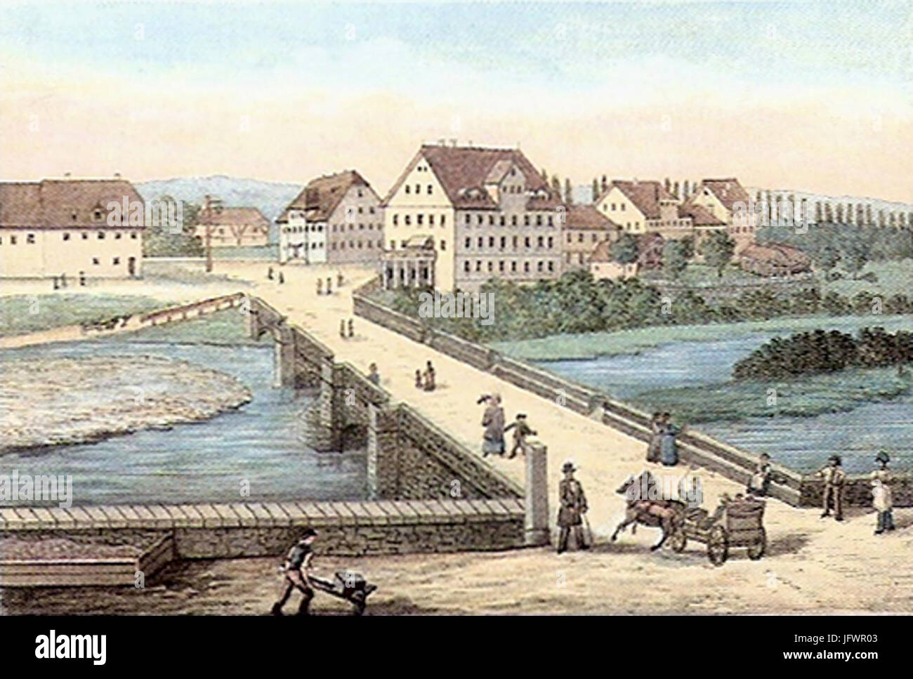 CFBaumann-Die Neckarbrücke zu Tübingen Federzeichn aqarell ca1840 2831829 Foto Stock