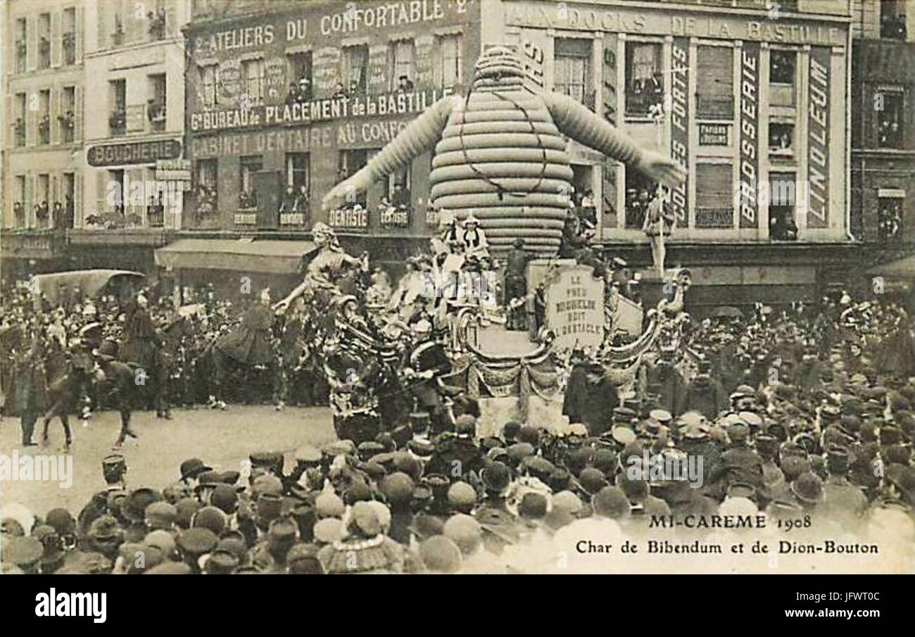 Char de Bibendum et de Dion-Bouton à la Mi-Carême 1908 à Paris Foto Stock