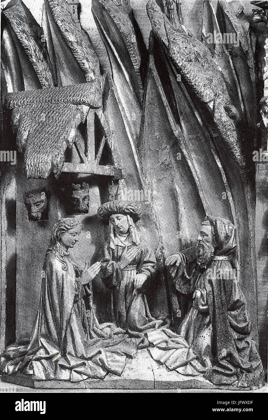 Christi Geburt vor einer Felslandschaft, im Mittelteil des Schreins, Marienretabel, Werkstatt des Willem Ards in Löwen um 1449, ehemals ev. Marienkirche in Rieden (Rosengarten), Landkreis Schwäbisch Hall Foto Stock