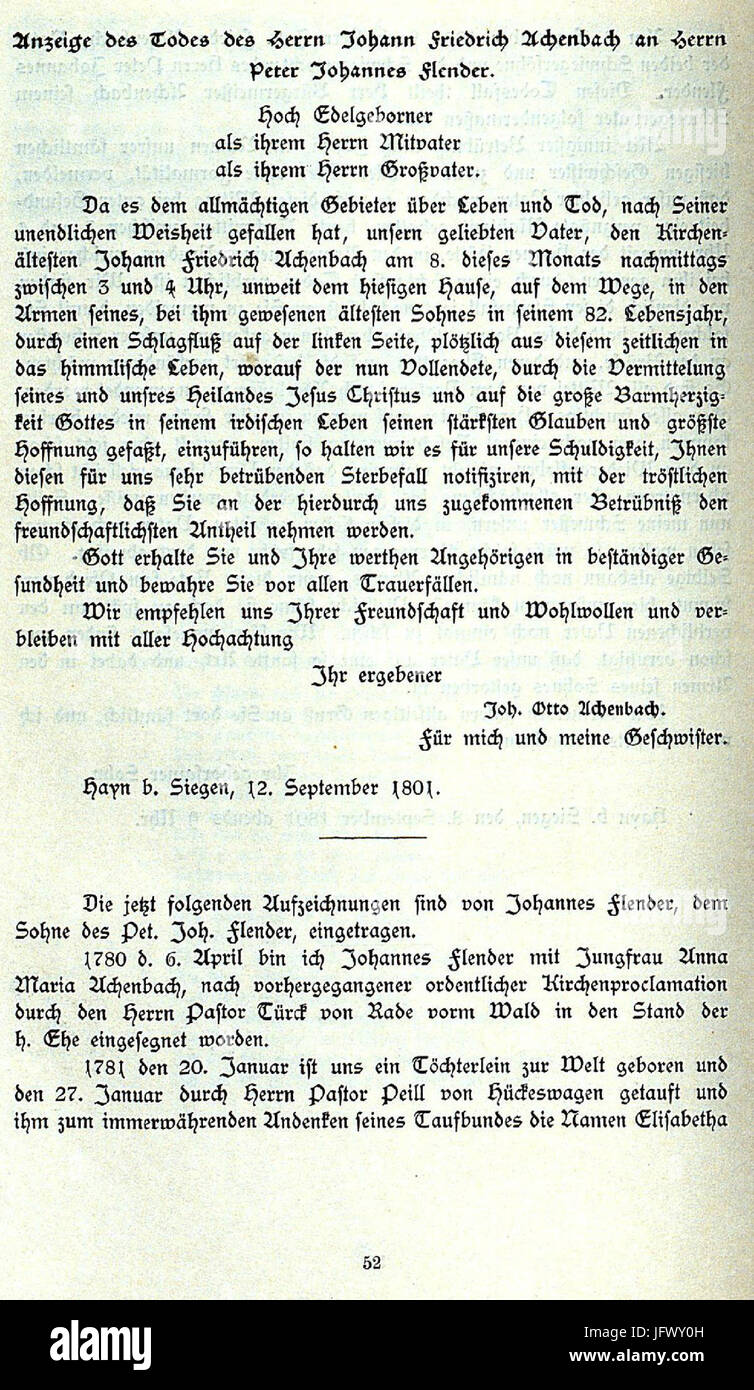 CHRONIK DER FAMILIE FLENDER, Ludwig Voss (Verlag), Düsseldorf 1900, S. 52 Foto Stock