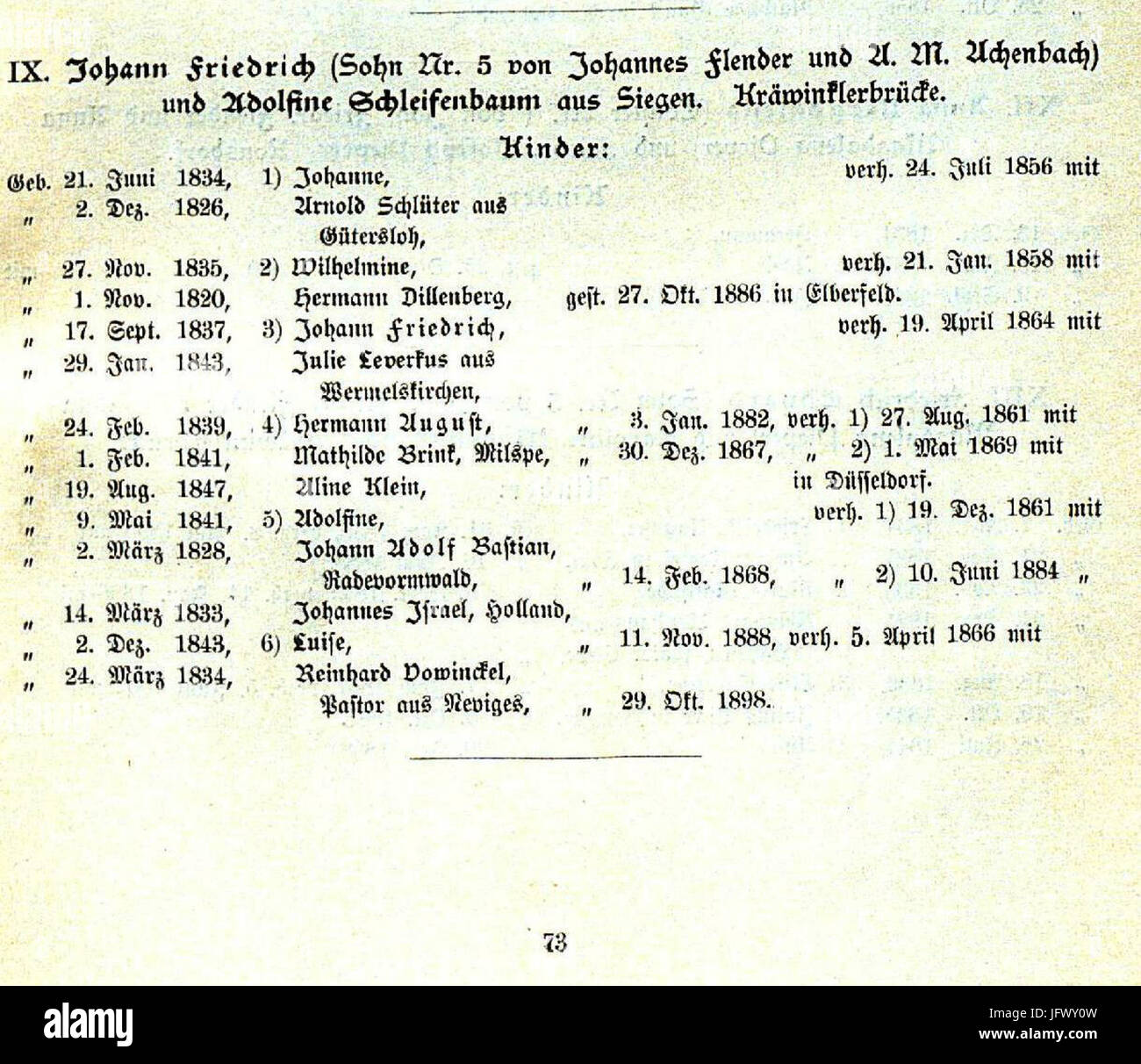 CHRONIK DER FAMILIE FLENDER, Ludwig Voss (Verlag), Düsseldorf 1900, S. 73, Ausschnitt Foto Stock