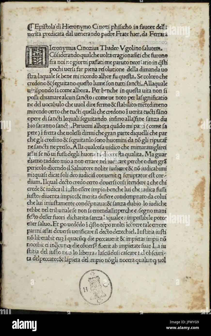 Cinozzi - Epistola in favore della verità predicata da Girolamo Savonarola, circa 1497 - 464599 Foto Stock