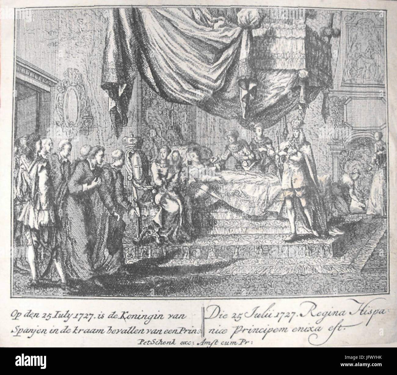 Circa 17 disegno della nascita di Infante Luis di Spagna (futuro conte di Chinchón) da Pieter Schenk Foto Stock