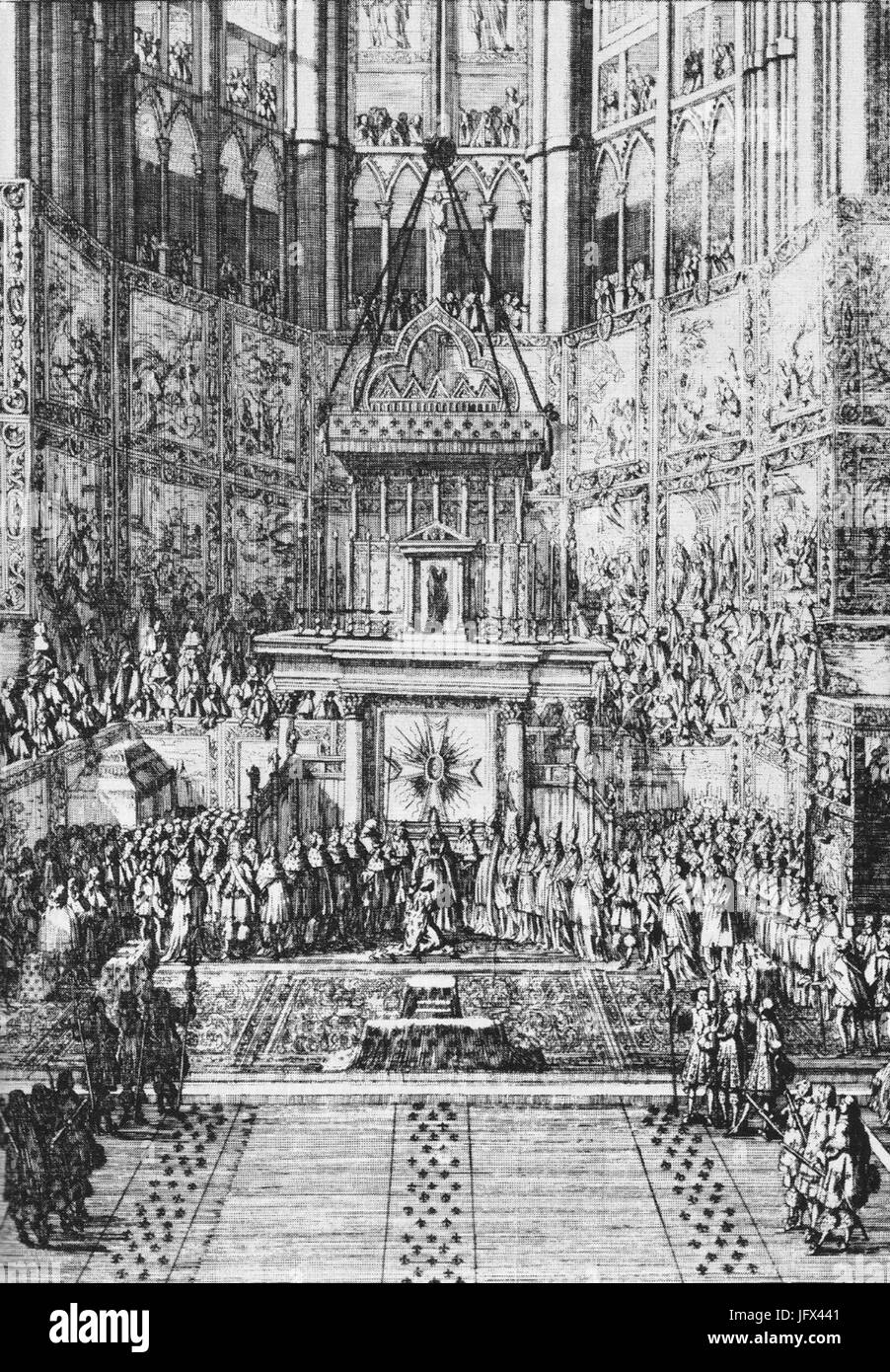 Incoronazione del Re di Francia Luigi XIV in La Cathédrale Notre-dame de Reims nel 1654 (Almanach royal) Foto Stock