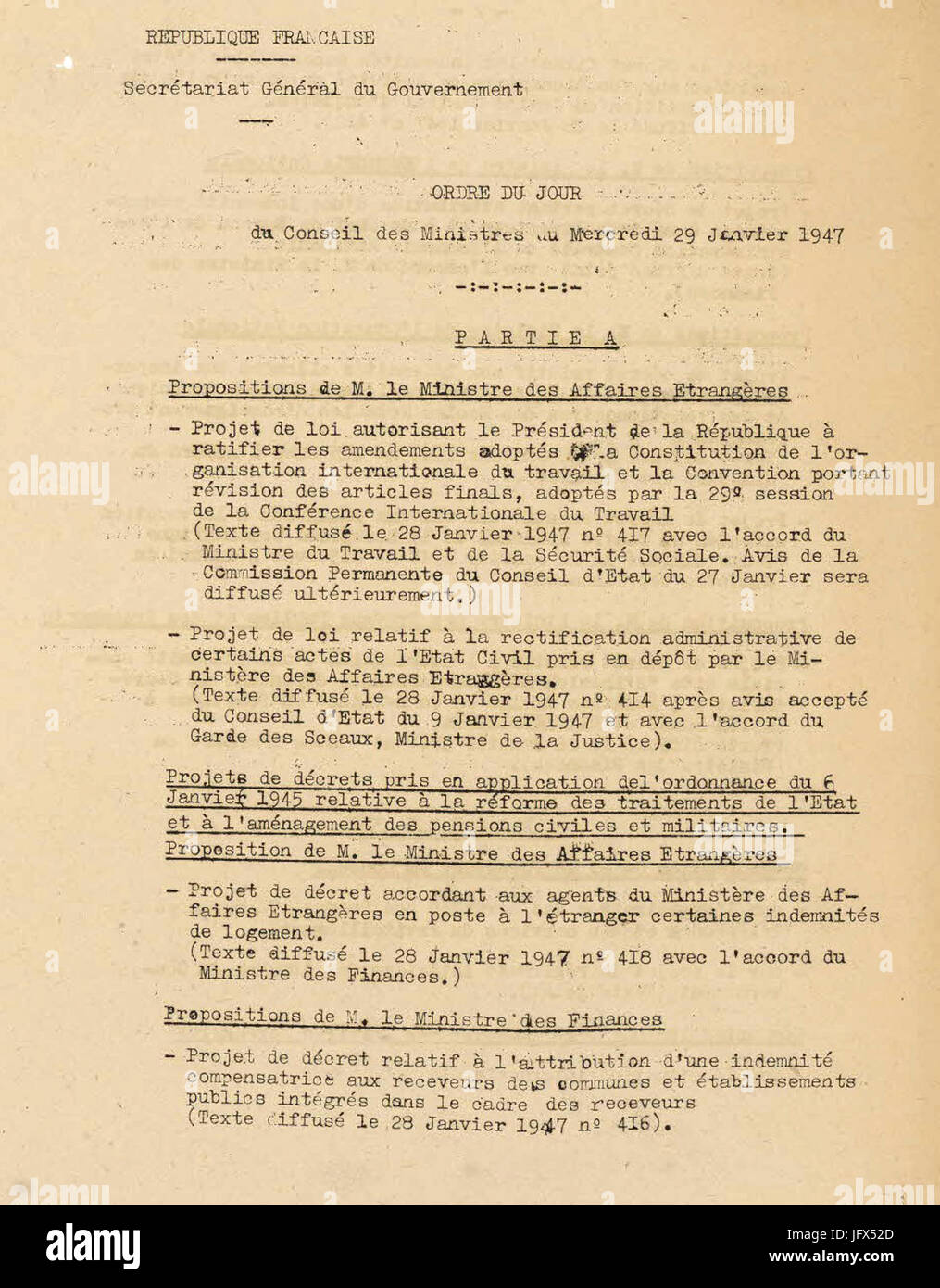 Avant-projet, Ordre du jour et proposition de Règlement du gouvernement du Conseil des ministres - Archives Nationales - F-60-2566 - (1) Foto Stock