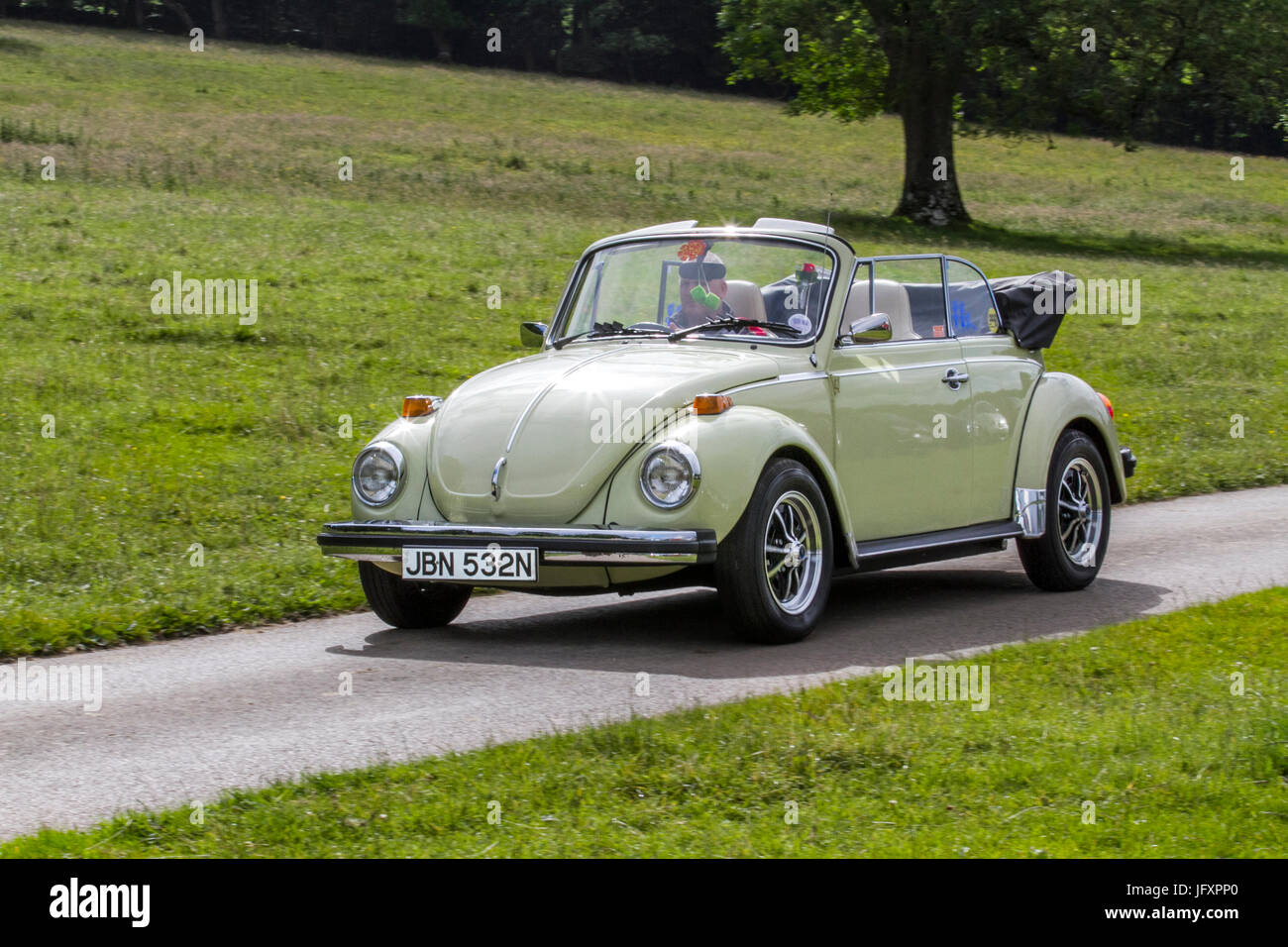 Anni '1975 70 anni '70 VW vecchio stile giallo Volkswagen vecchio tipo Beetle Classic, veicoli storici restaurati da collezione guidati nel parco boschivo, Regno Unito Foto Stock