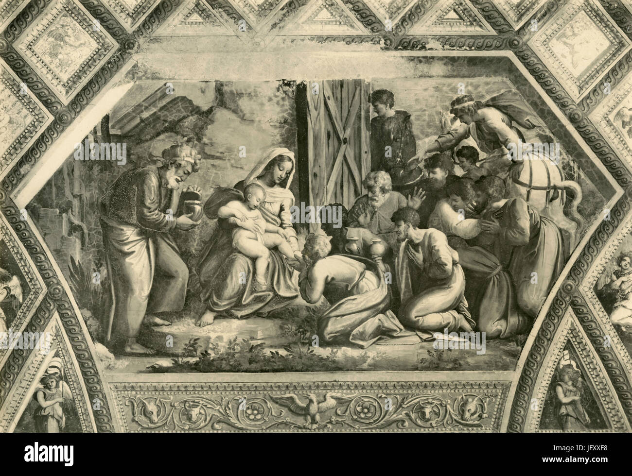 L Adorazione dei Magi, dipinto di Raffaello, Pierin del Vaga e a Giulio Romano, Stanze di Raffaello, Città del Vaticano Foto Stock