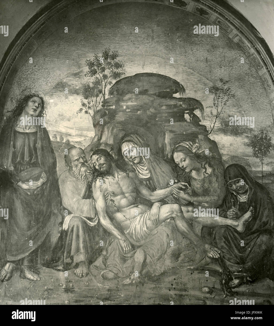 Pietà, pittura affrescata sulla Santa Anna in Camprena chiesa, da Giovanni Antonio Bazzi, Pienza, Italia Foto Stock
