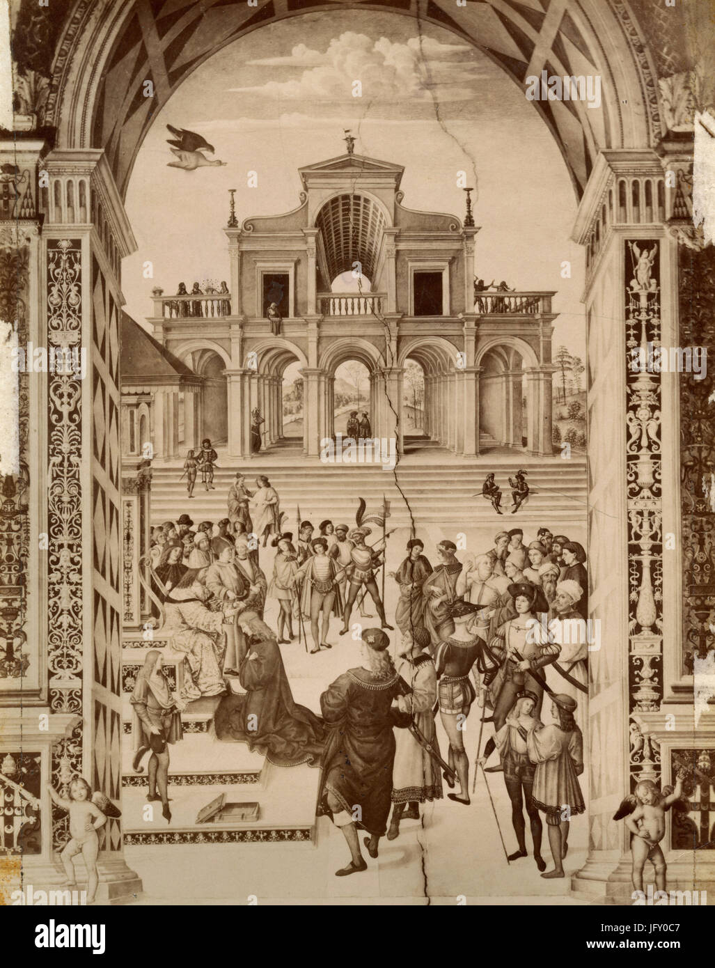 Enea Piccolomini, Papa Pio II, riceve da Federico III poeti 'corona, affrescato in Libreria Piccolomini del Pinturicchio, Siena, Italia Foto Stock