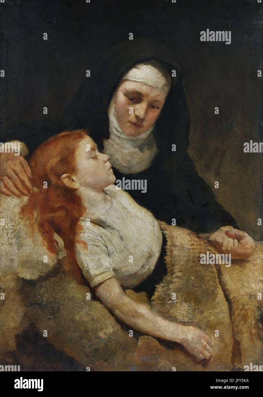 Donadini Ordensschwester am Bett eines kranken Mädchens Foto Stock