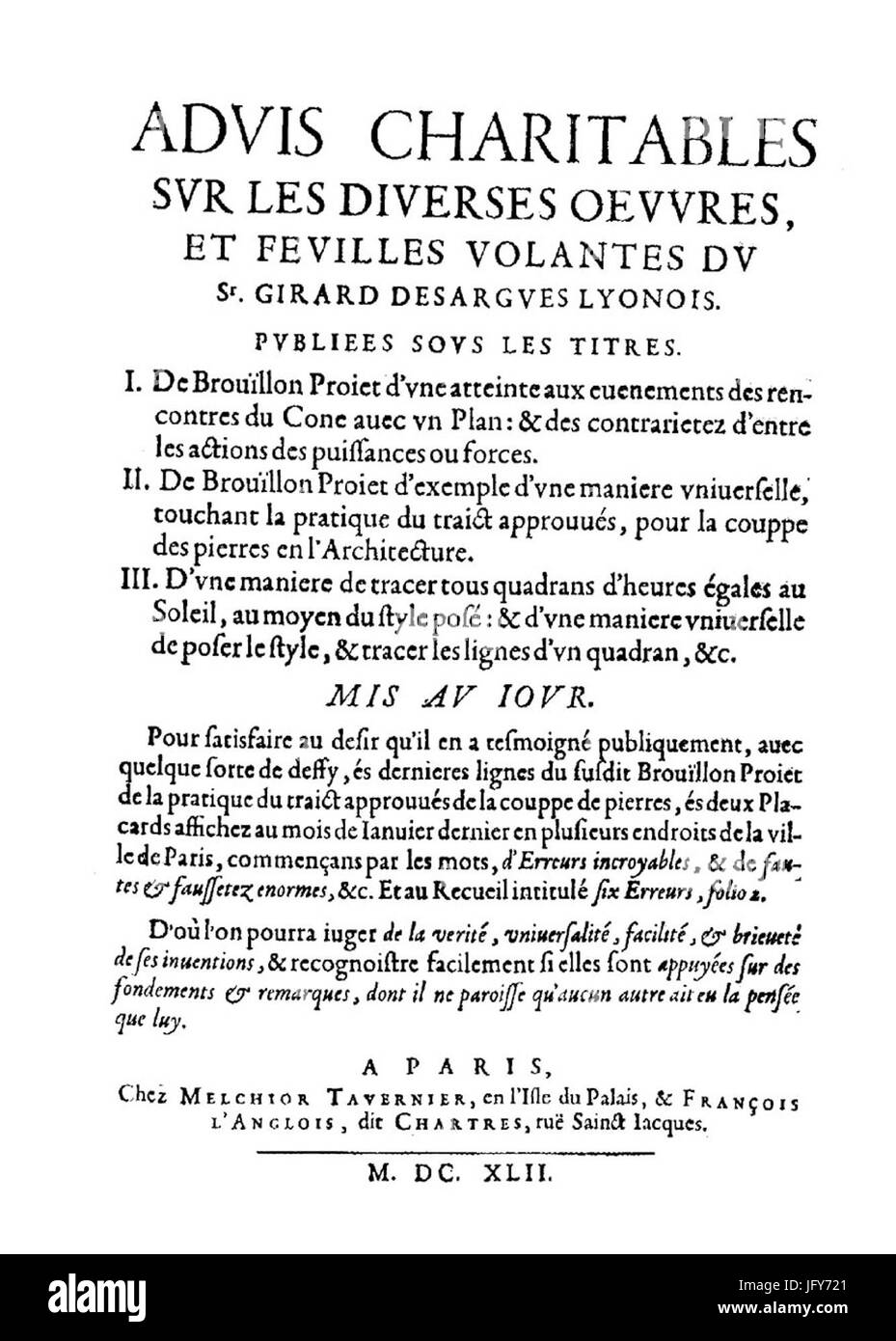 Du Breuil - Advis charitables sur les diverses C593oeuvres, et feuilles volantes du sr. Girard Desargues, 1642 - 61099 Foto Stock