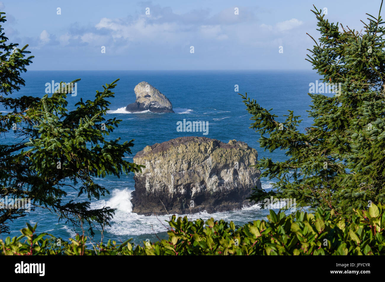 Pyramid Rock e il pilastro Rock a largo di Capo Meares Oregon sono affioramenti rocciosi nell'Oceano Pacifico Foto Stock