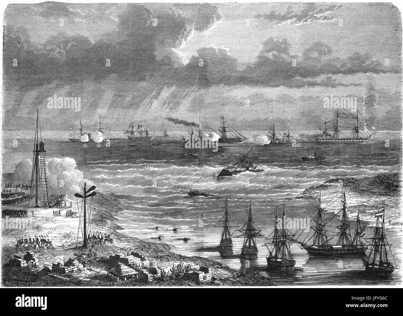 Expédition du Mexique. LE NAVIRE LA lancia sous le feu DE L'Artillerie MEXICAINE DANS LE Port de Tampico. D'après onu croquis de M. A. M. de O Foto Stock