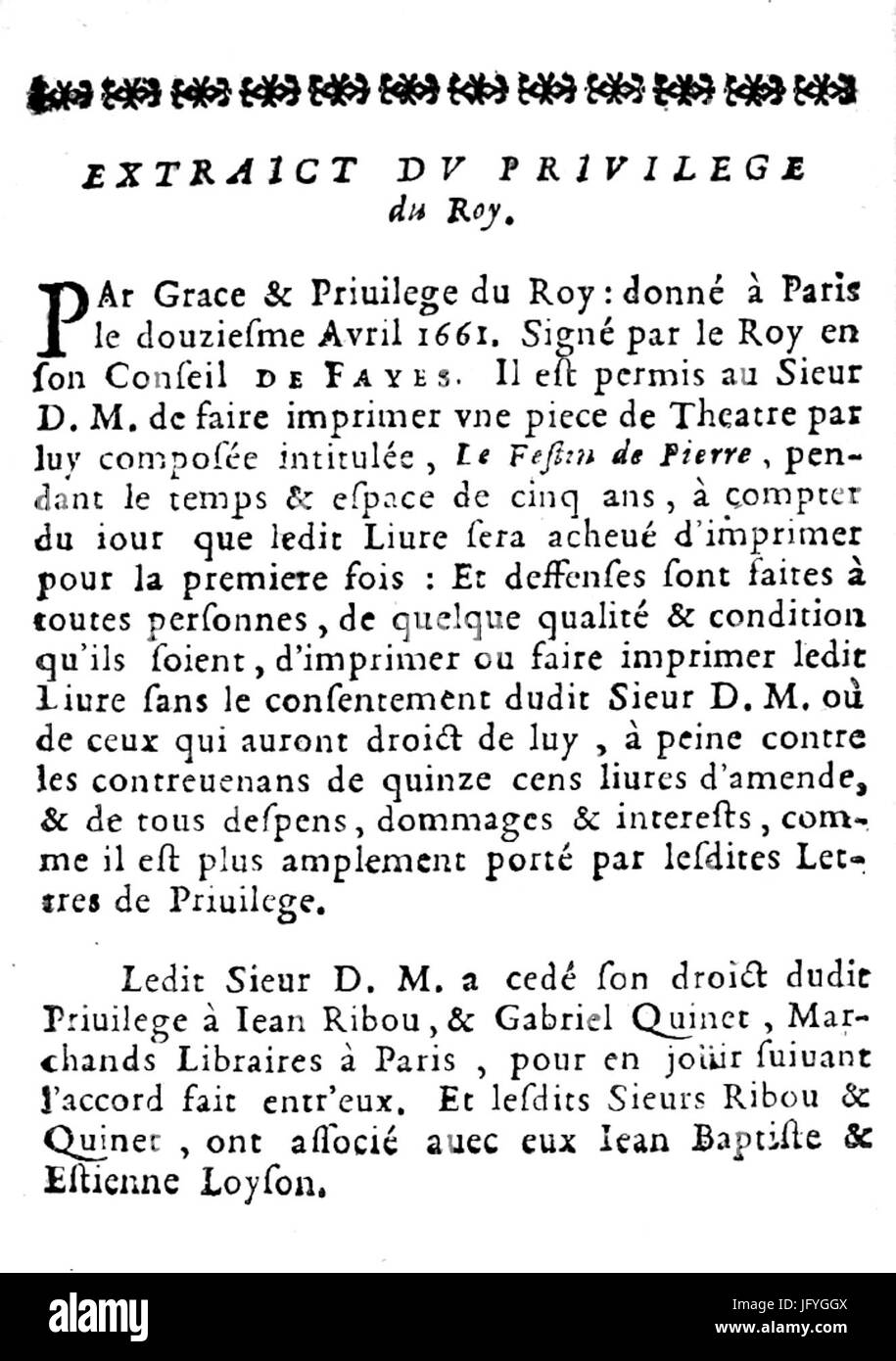 Extrait du privilège du festin de Pierre de Dorimond, Ribou 1665 Foto Stock
