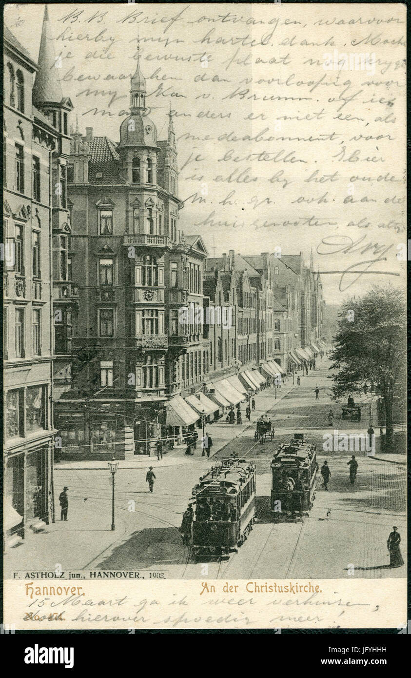 F. Astholz jun. AK 0474 Hannover. An der Christuskirche Bildseite Strassenbahn-Kreuz Engelbosteler Damm Gustav-Adolf-Straße Blick Richtung Klagesmarkt, 1903 Foto Stock