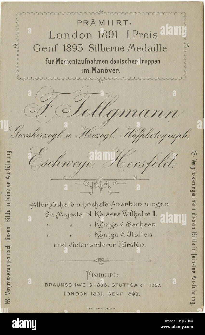 F. Tellgmann KAB 1899 zum Kaisermanöver Rückseite Foto Stock