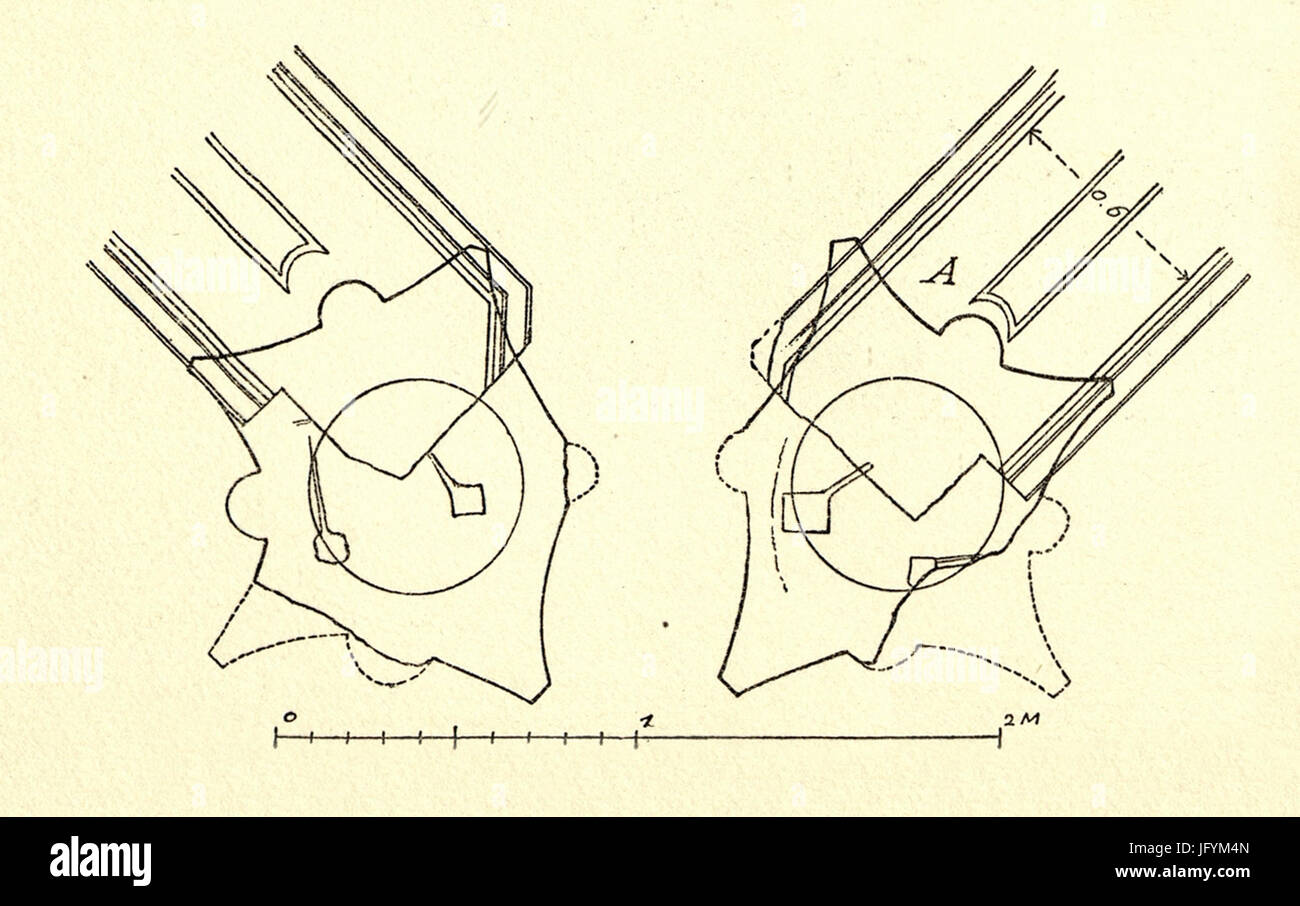 Questa immagine mostra una vista dall'alto verso il basso dei capitelli delle colonne angolari C e D della piastra IX, illustrando le caratteristiche architettoniche dettagliate tipiche del design classico delle colonne. Foto Stock