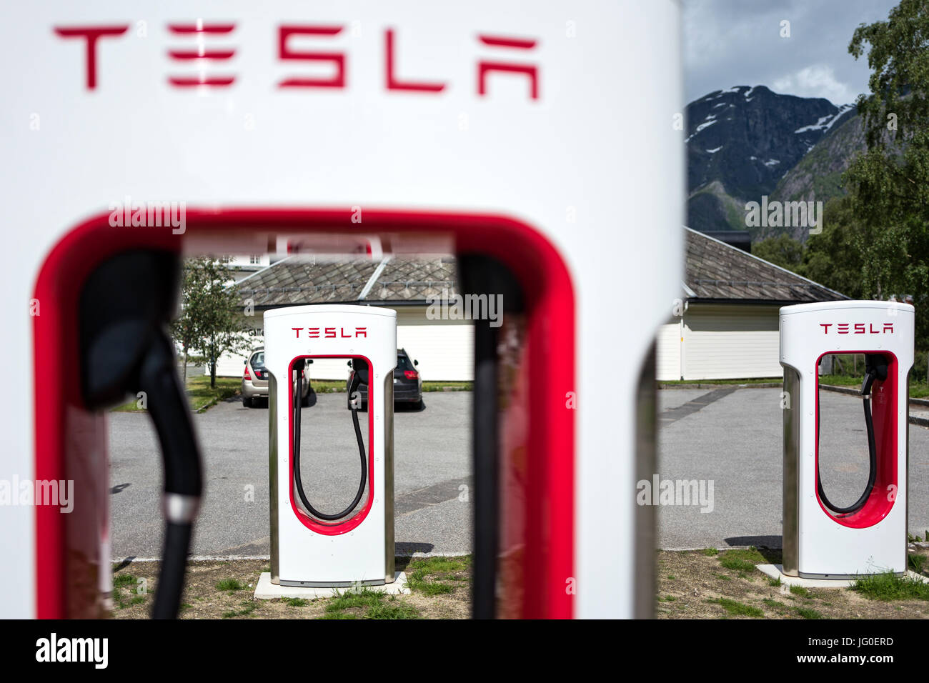 Tesla supercharger stazione in Eidfjord, Norvegia Foto Stock