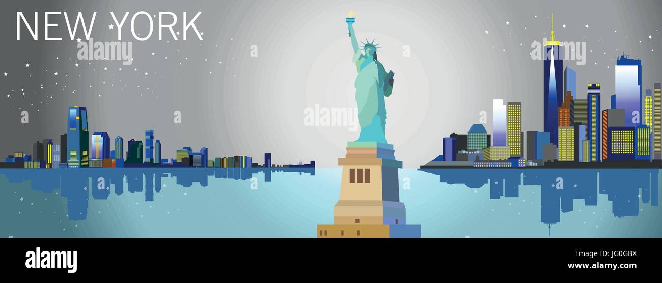 Panoramica vista notturna di New York City con la statua della Libertà, grattacieli e stelle Illustrazione Vettoriale