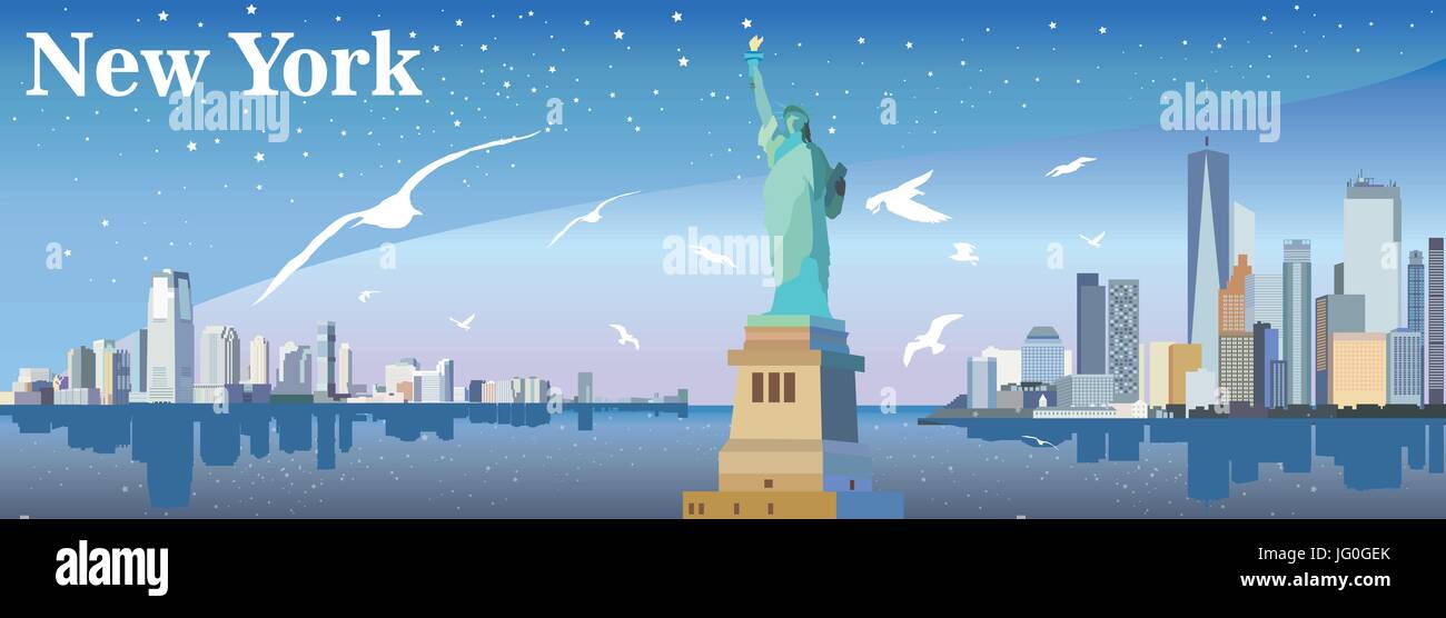 Vista panoramica di New York-city con la statua della Libertà, gabbiani, grattacieli e stelle Illustrazione Vettoriale