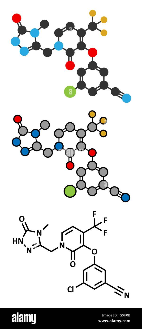 HIV Doravirine molecola di farmaco (non-nucleosidici inibitori della trascrittasi inversa). Tradizionale formula scheletrico e stilizzate rappresentazioni. Illustrazione Vettoriale