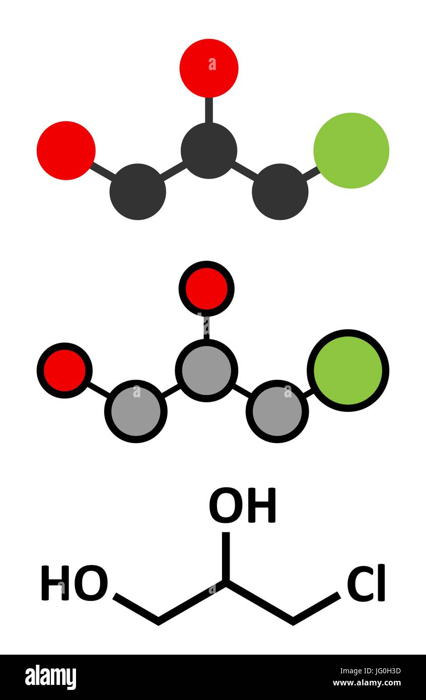 3-MCPD cancerogene da alimentare-molecola prodotto. Prodotto quando è stato aggiunto acido cloridrico al cibo per accelerare l'idrolisi proteica. Convenzionale f scheletrico Illustrazione Vettoriale