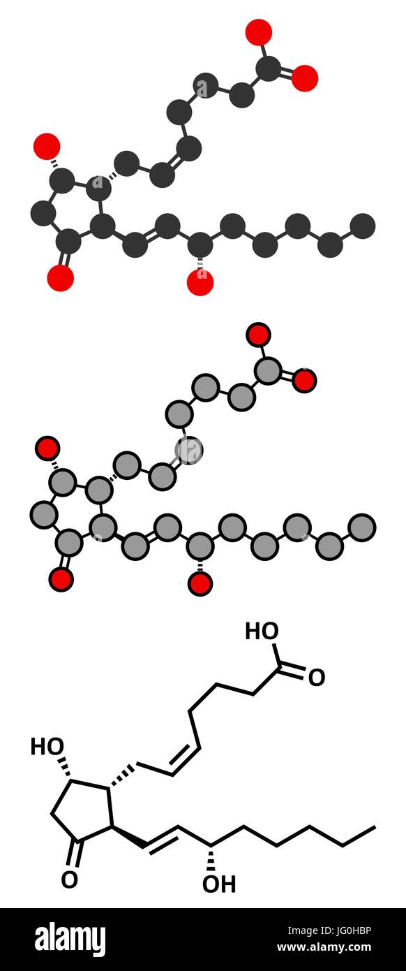 La prostaglandina D2 (PGD2 molecola). Tradizionale formula scheletrico e stilizzate rappresentazioni. Illustrazione Vettoriale