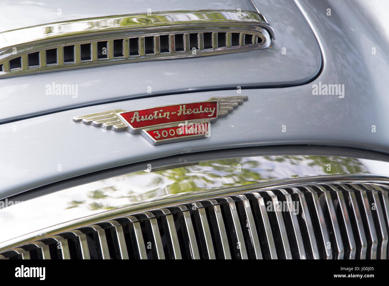 Austin-Healey 3000 Mk II badge, la griglia e il cofano motore Foto Stock