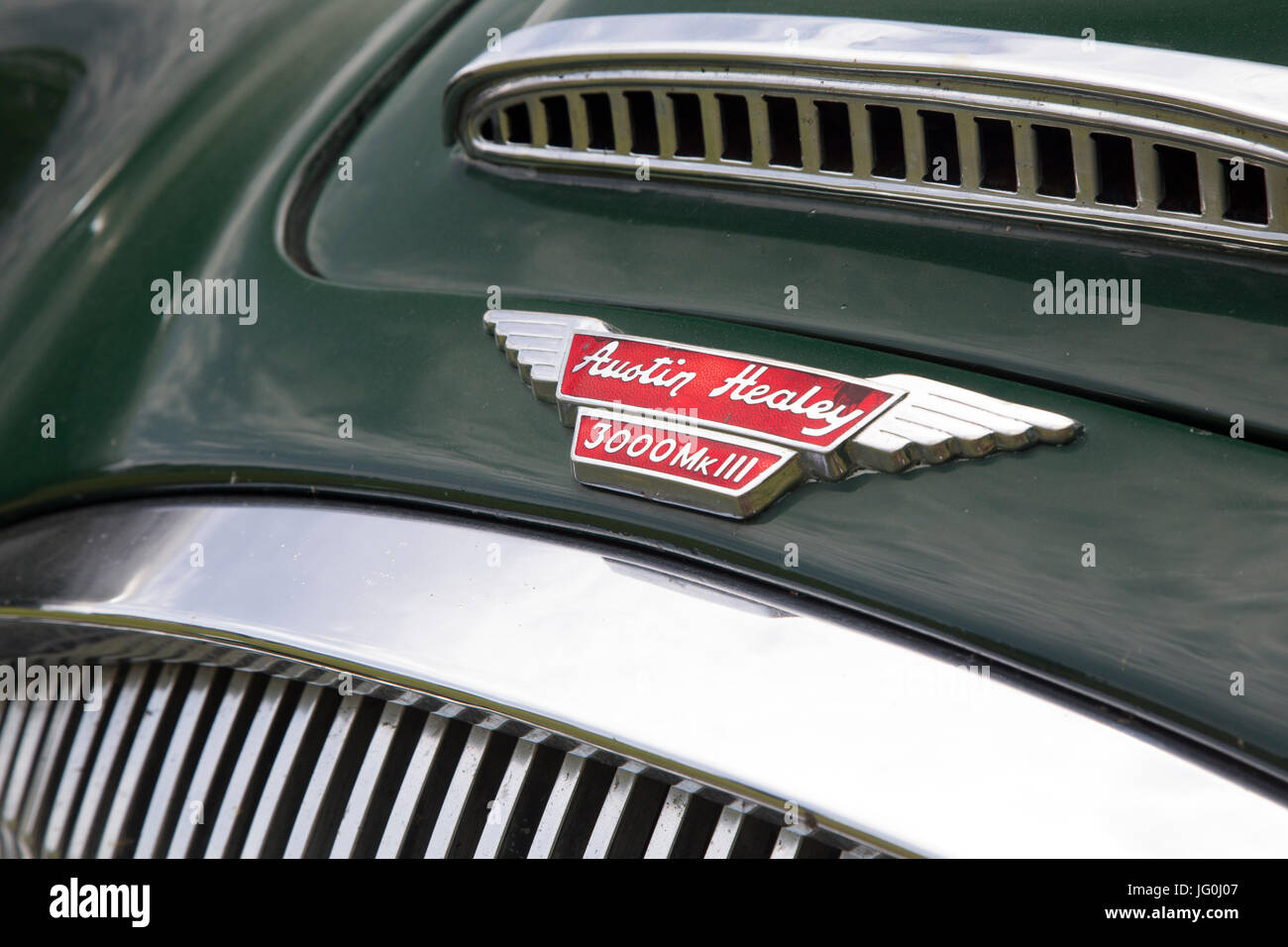 Austin-Healey 3000 Mk III badge, la griglia e il cofano motore Foto Stock