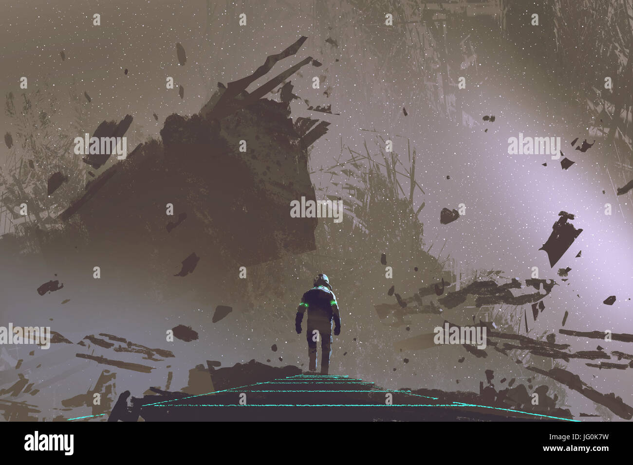 Sci-fi scena mostrando l'astronauta camminando sul percorso di luce in terra morta, arte digitale stile, illustrazione pittura Foto Stock