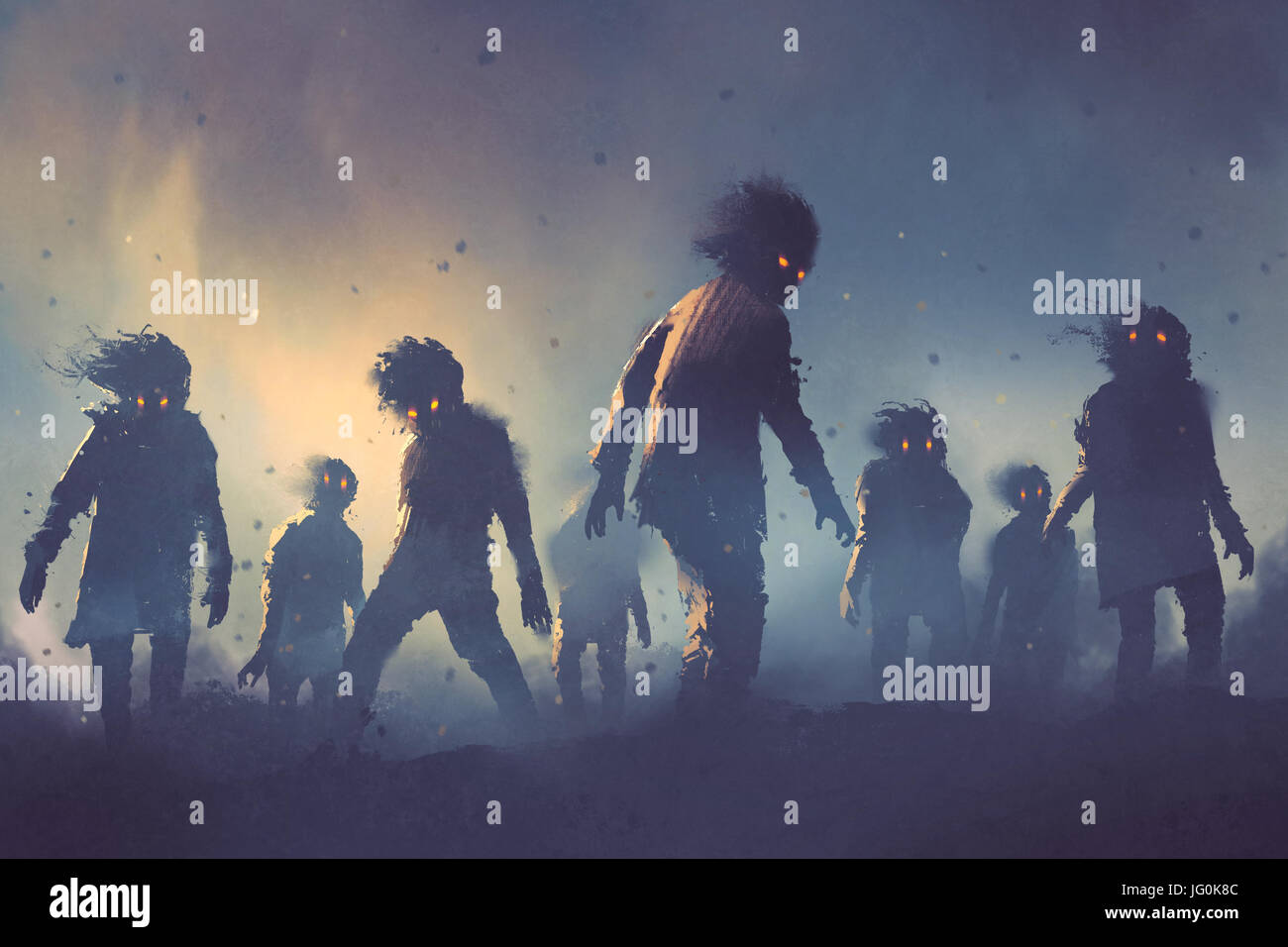 Concetto di halloween di zombie folla a piedi di notte, arte digitale stile, illustrazione pittura Foto Stock