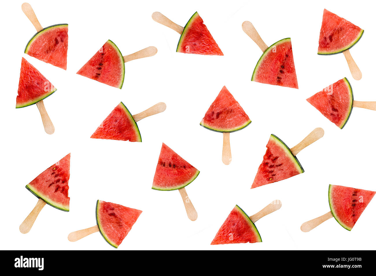 Molti di fetta di anguria popsicles isolati su sfondo bianco, frutta estiva fresca concept Foto Stock