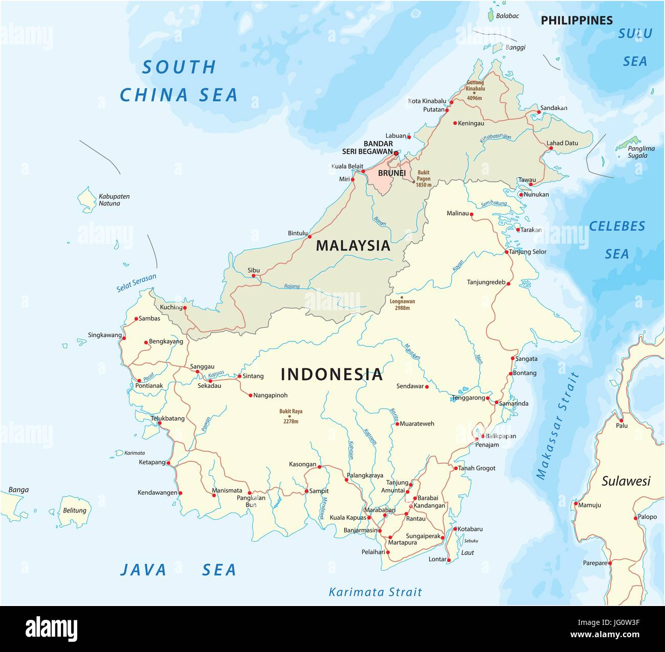 Vector road map isola del Borneo Kalimantan Illustrazione Vettoriale