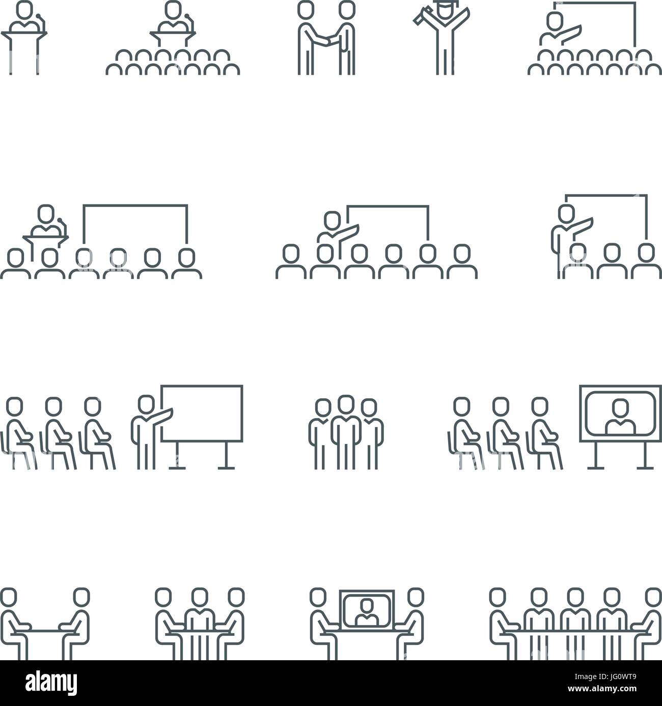 La gente di affari sale riunioni, presentazioni, conferenze e risorse umane correlate icona linea di raccolta. Illustrazione Vettoriale set. Illustrazione Vettoriale
