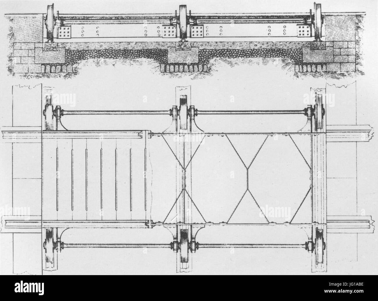 Freiburger Hbf Schiebebühne Grundriss und Schnitt 1845 (Kreismuseum Grimma) Foto Stock