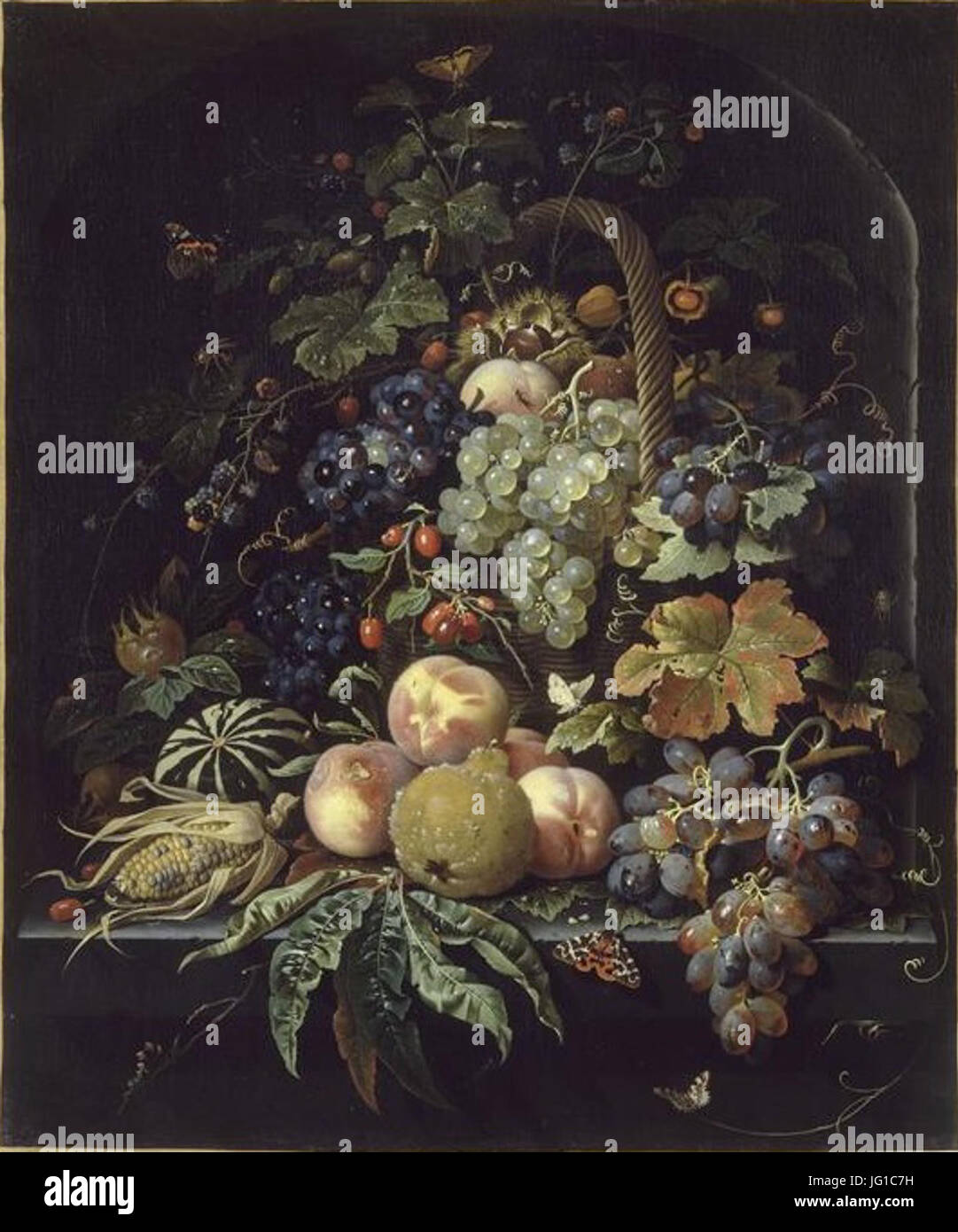 Frutta, Basket, insetti e farfalle contro uno sfondo di una nicchia di pietra da Abramo Mignon Musée du Louvre INV. 1558 Foto Stock