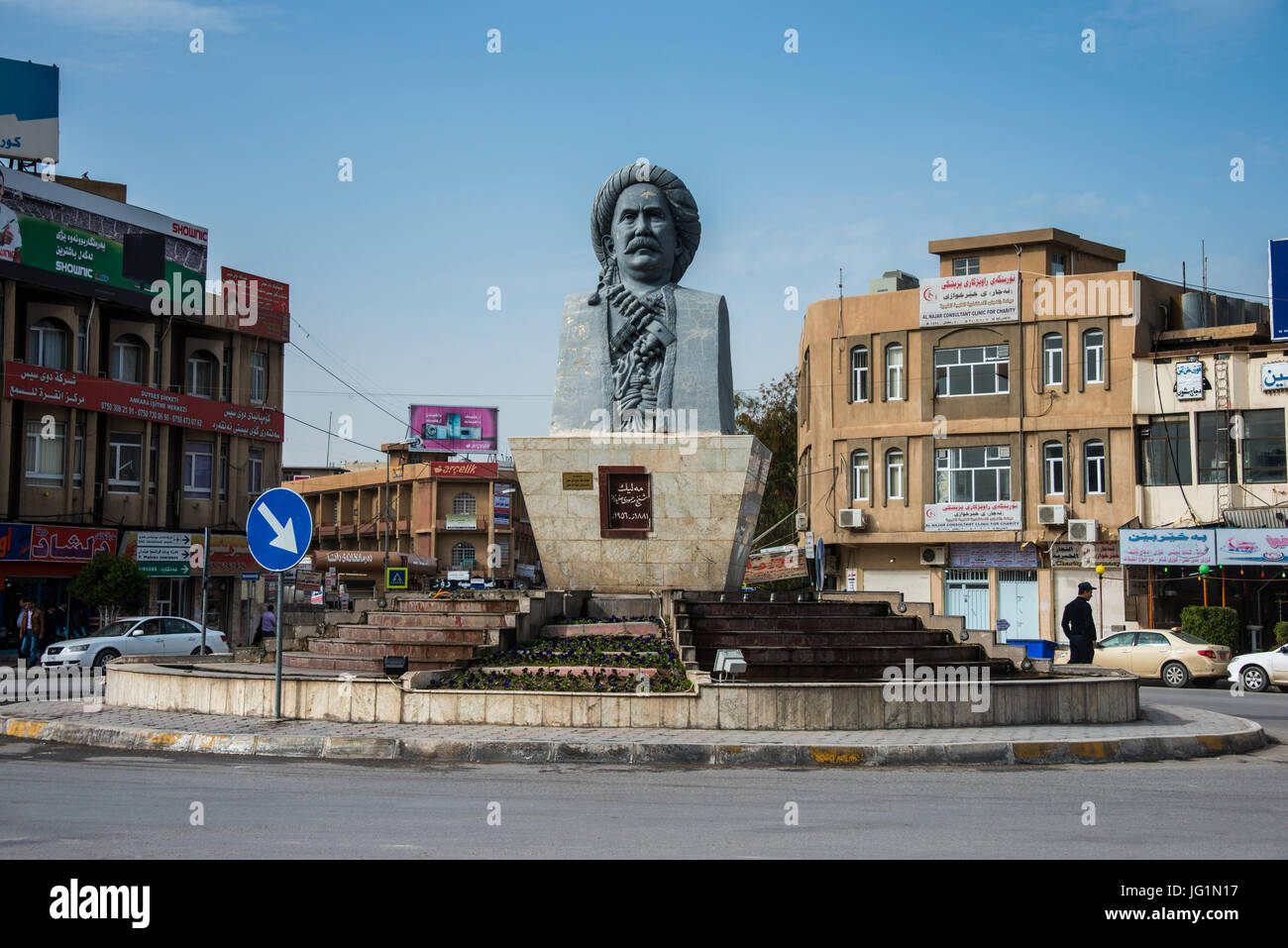 Statua di Massoud Barzani, Presidente curdo a Erbil o Hawler, capitale del Kurdistan iracheno Foto Stock