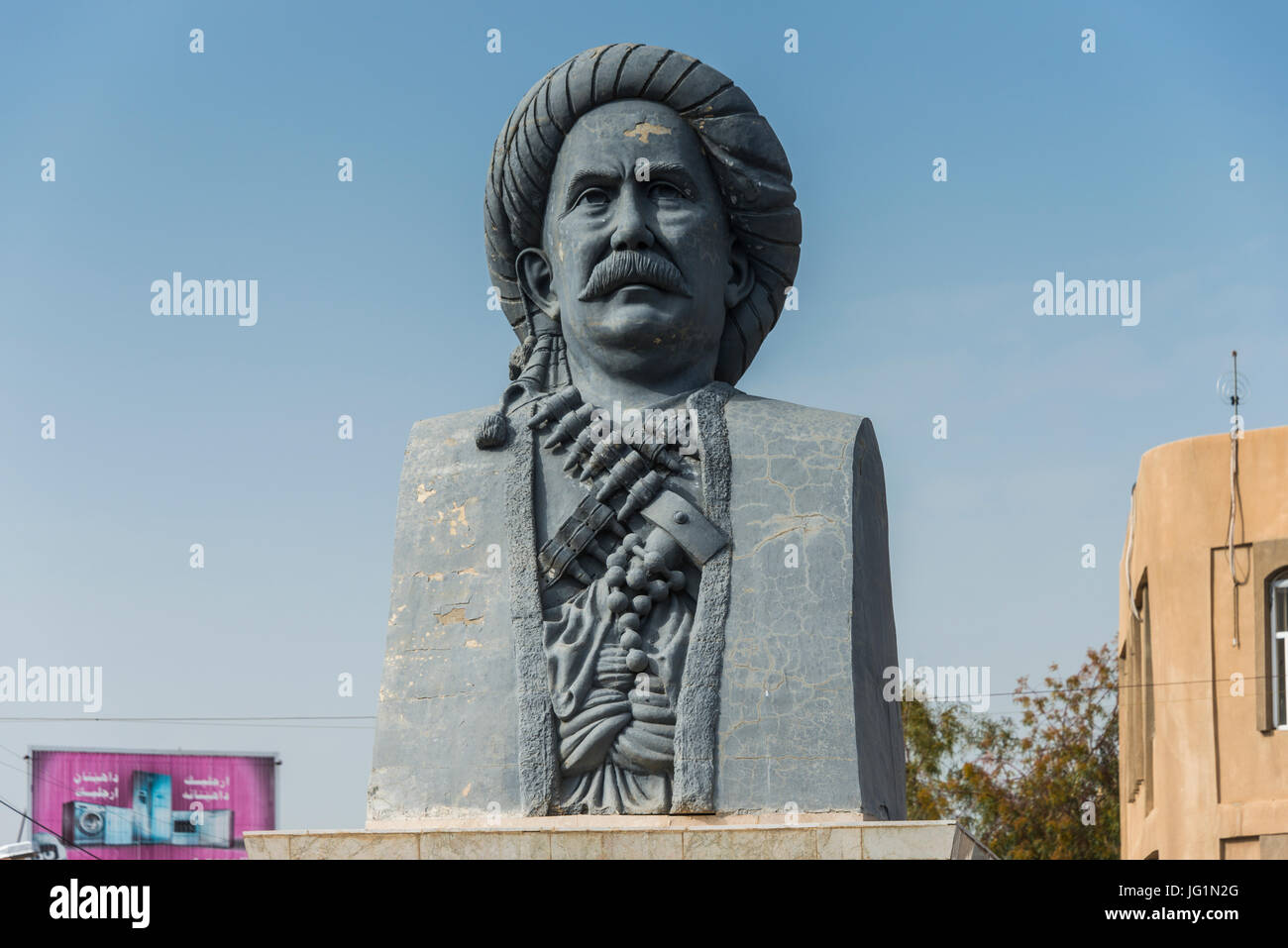Statua di Massoud Barzani, Presidente curdo a Erbil o Hawler, capitale del Kurdistan iracheno Foto Stock