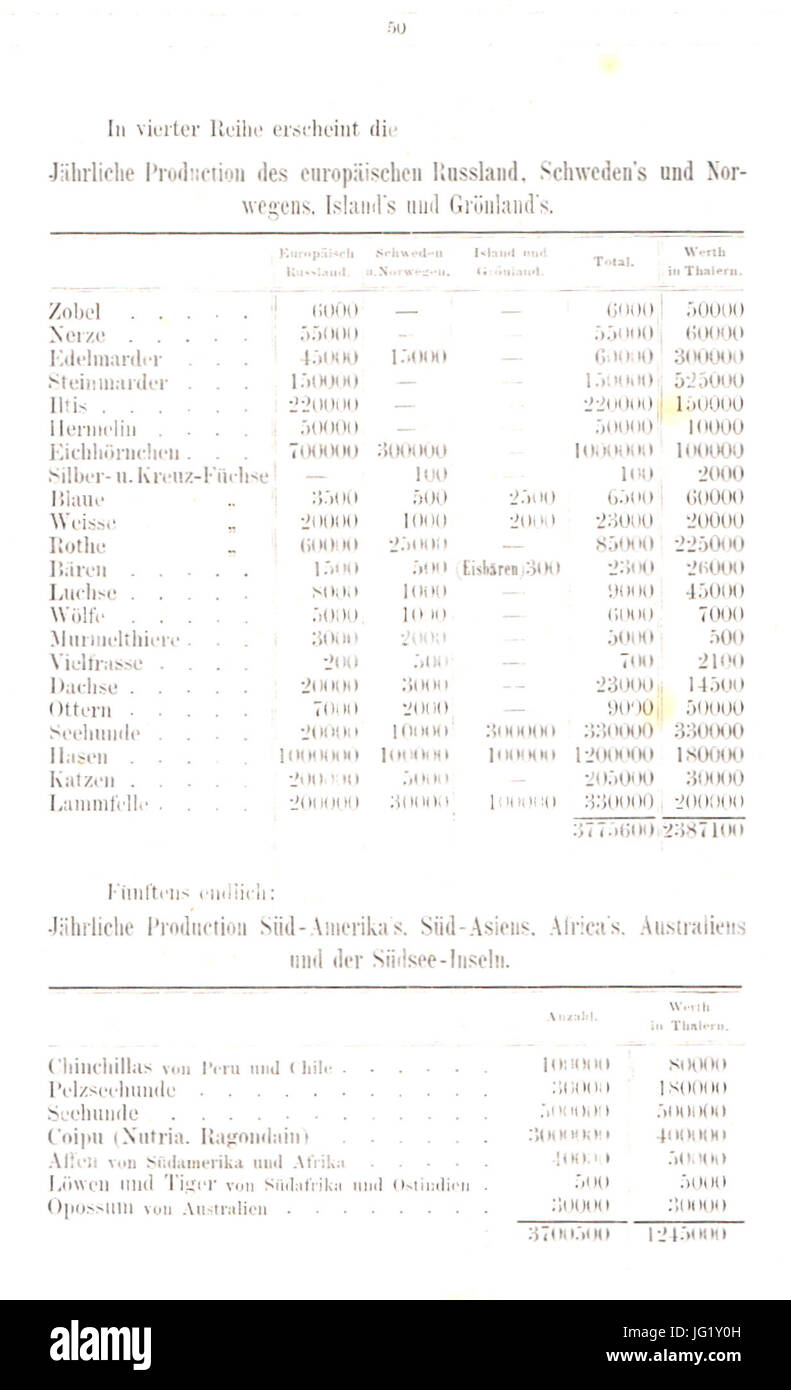 Der Rauchwaarenhandel von Heinrich Lomer, 1864 (Seite 50); Pelz-Produktion europäisches Russland, Schweden, Norwegen, Isola, Grönland Foto Stock