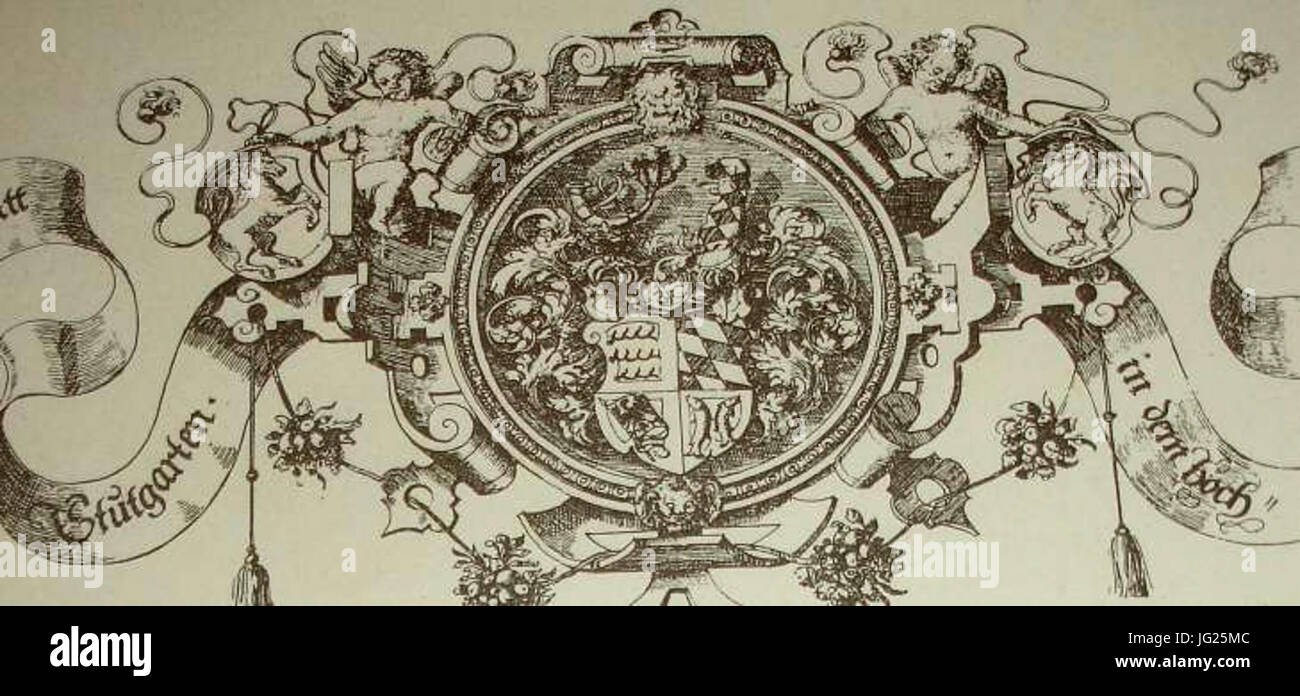 J Sauter - Ansicht von Stuttgart Radierung 1592 Wappen oben Foto Stock