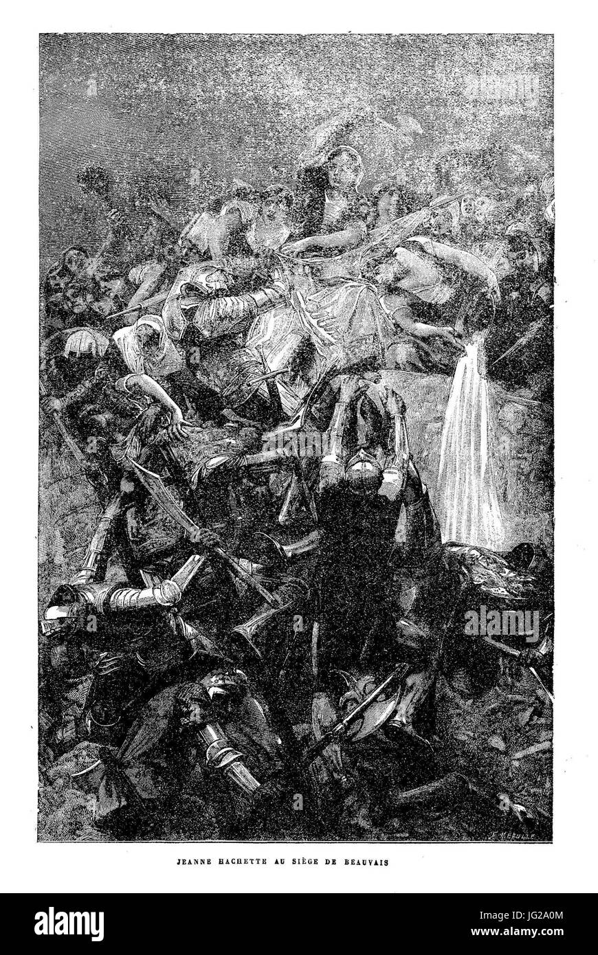 Una rappresentazione storica di Jeanne Hachette, un'eroina nazionale francese, che difendeva Beauvais durante un assedio del 1472, simboleggiava il coraggio e il patriottismo francese. Foto Stock