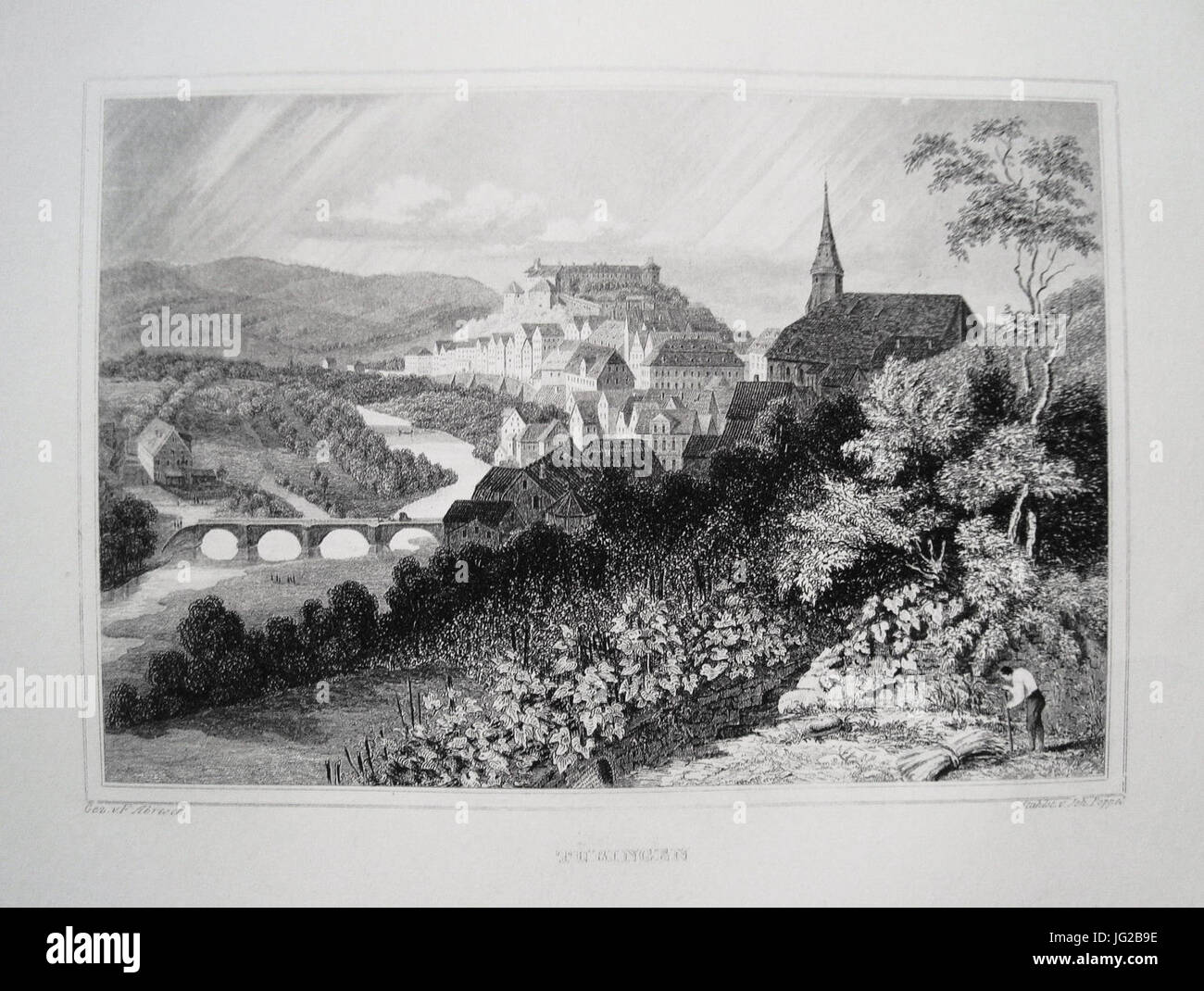 Gio Poppel nach F Abresch - Tübingen 1850 Stahlstich Foto Stock