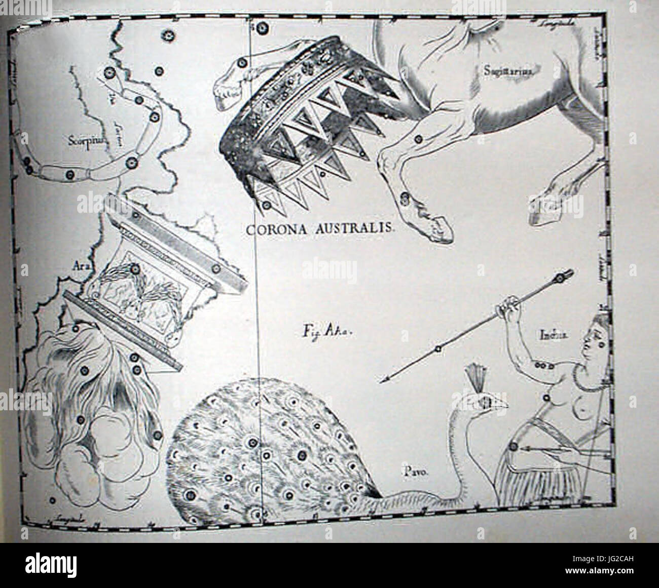 Johannes Hevelius - Prodromus Astronomia - Volume III Firmamentum sobiescianum sive Uranographia - Tavola AAA - Corona Australis Foto Stock
