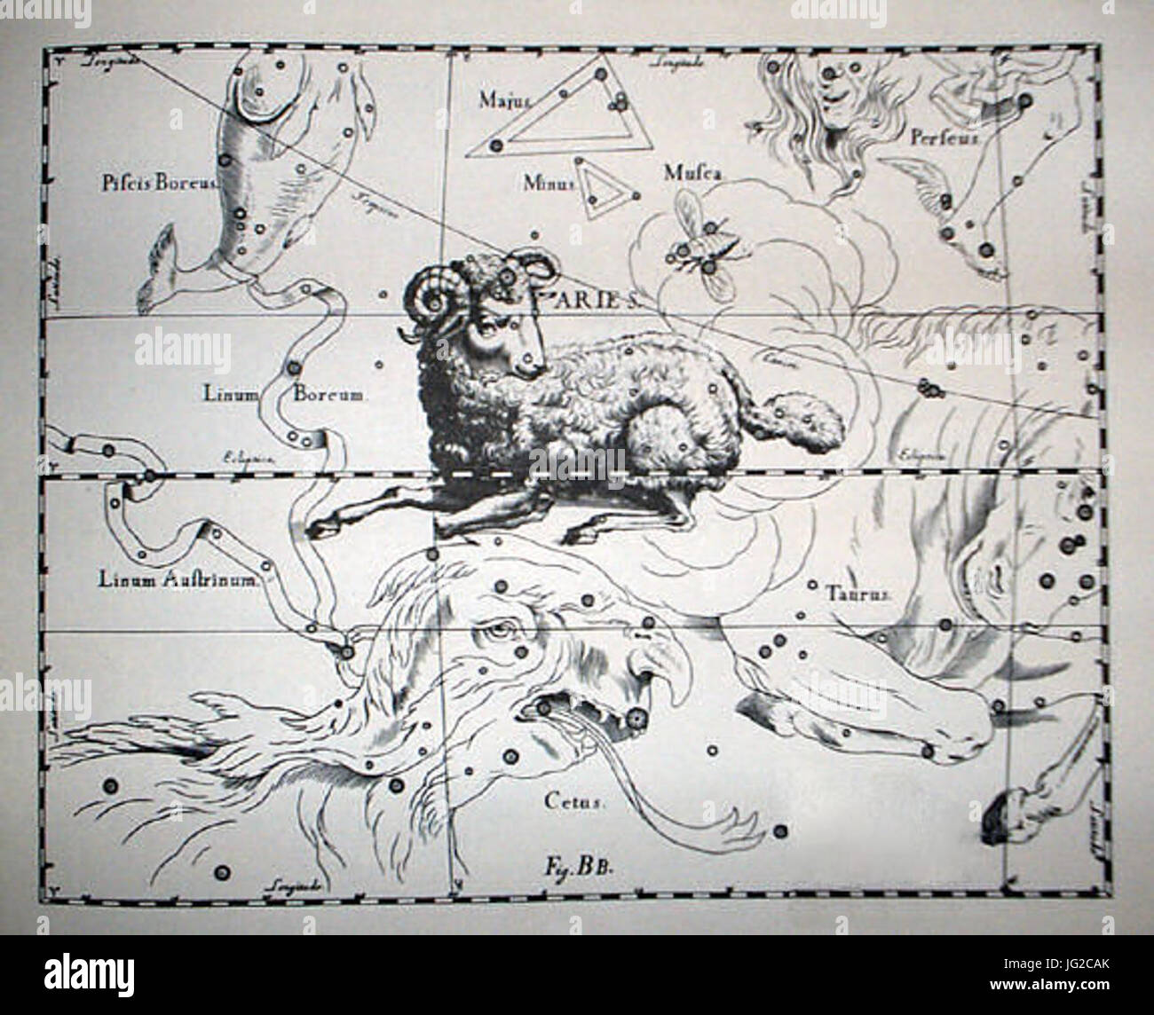 Johannes Hevelius - Prodromus Astronomia - Volume III Firmamentum sobiescianum sive Uranographia - Tavola BB - Aries Foto Stock