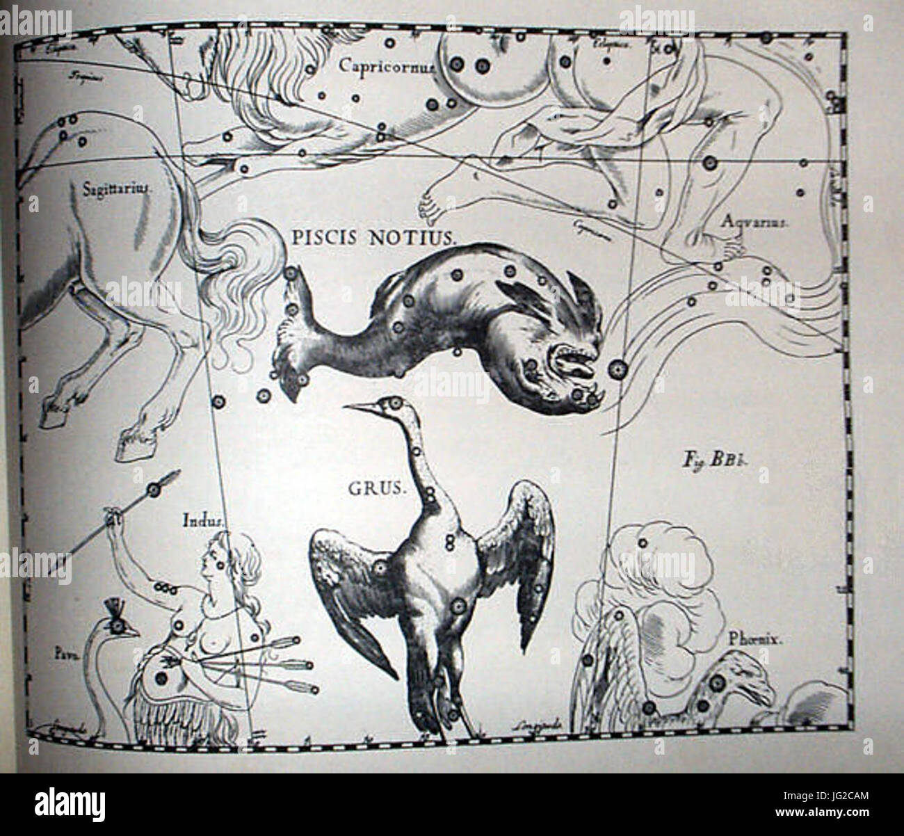 Johannes Hevelius - Prodromus Astronomia - Volume III Firmamentum sobiescianum sive Uranographia - Tavola BBB - Piscis Notius et Grus Foto Stock