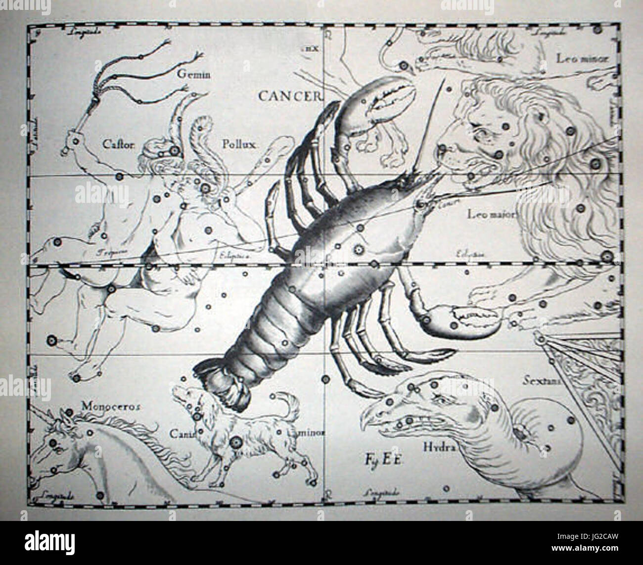 Johannes Hevelius' *Prodromus Astronomia*, volume III, presenta osservazioni astronomiche dettagliate e grafici, tra cui "cancro", una costellazione. Hevelius fu un astronomo pioniere e il suo lavoro contribuì alla mappatura delle stelle e dei corpi celesti. Foto Stock