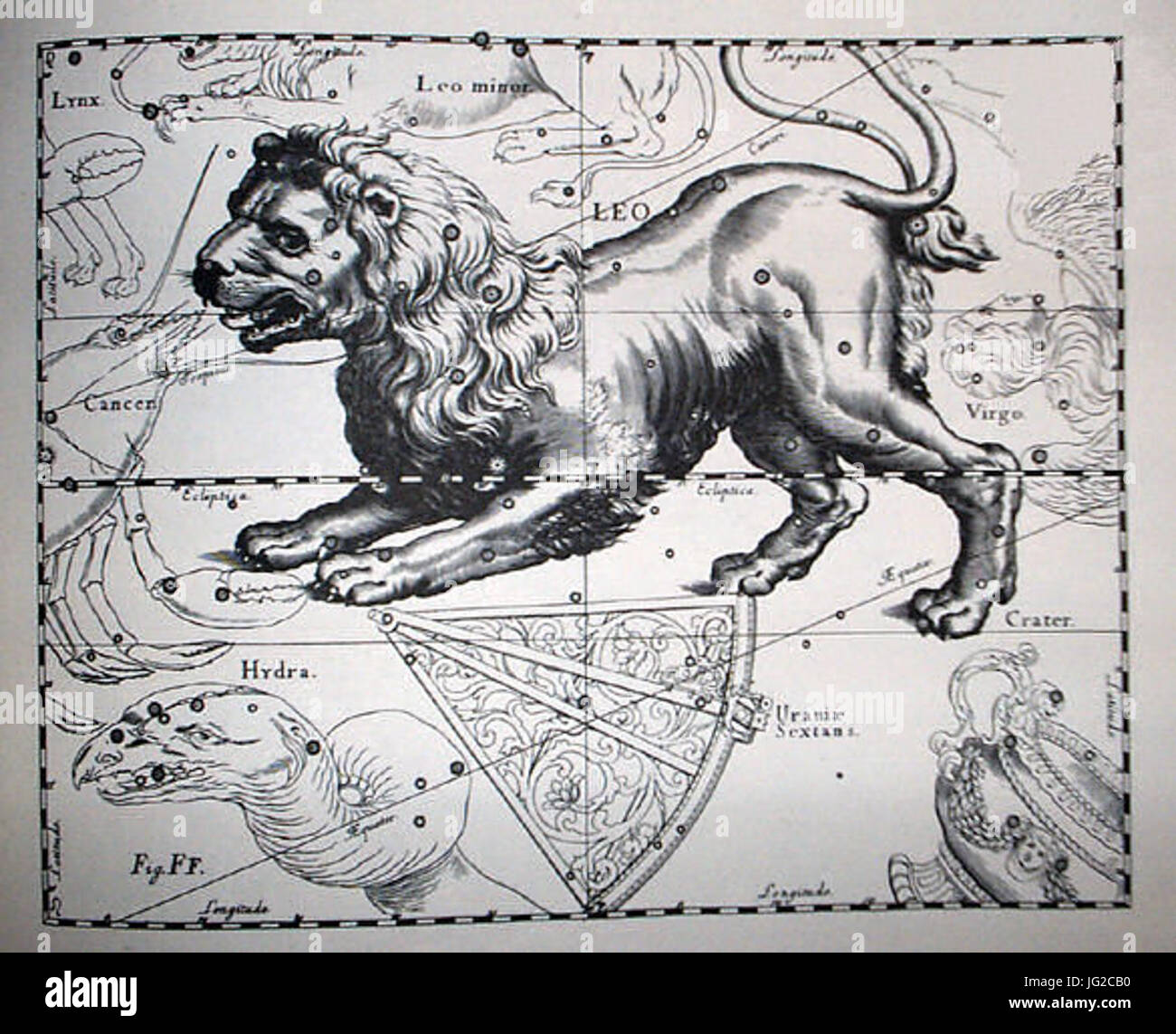 Johannes Hevelius - Prodromus Astronomia - Volume III Firmamentum sobiescianum sive Uranographia - Tavola FF - Leo Foto Stock