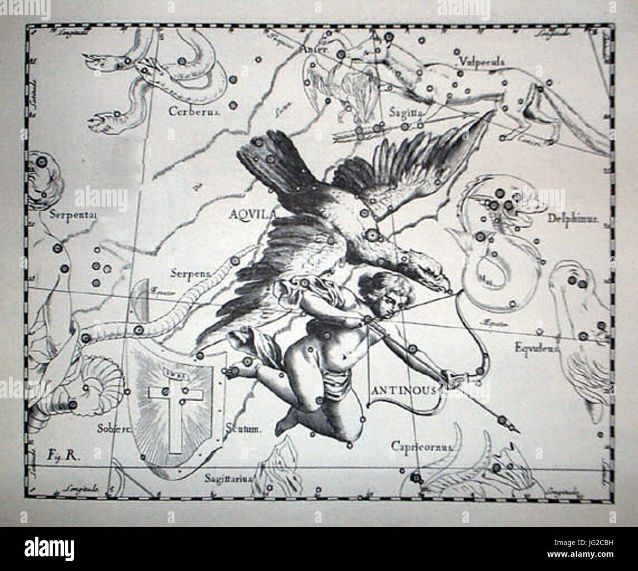 Johannes Hevelius - Prodromus Astronomia - Volume III Firmamentum sobiescianum sive Uranographia - Tavola R - Aquila et Antinoo Foto Stock